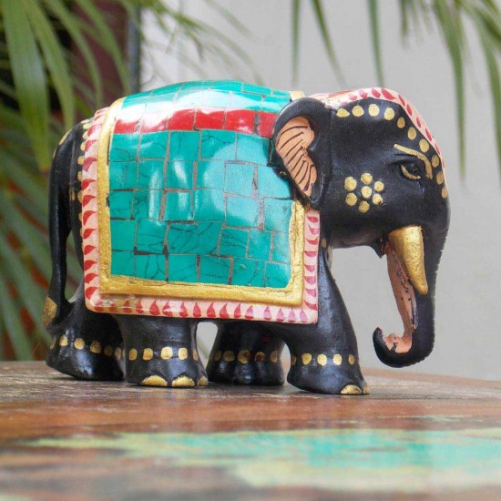 Wooden Semi-Precious Stone Elephant, Height-4 Inch