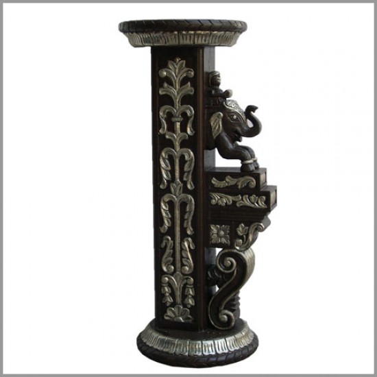 Metal Embellished and Polished Wooden Carved Elephant Pillar