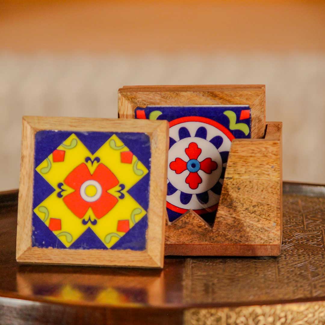 Elegant Wooden Coasters with Tile Work