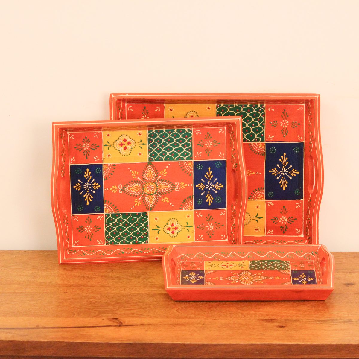 Hand Painted Orange Patchwork Tray – Set of 3