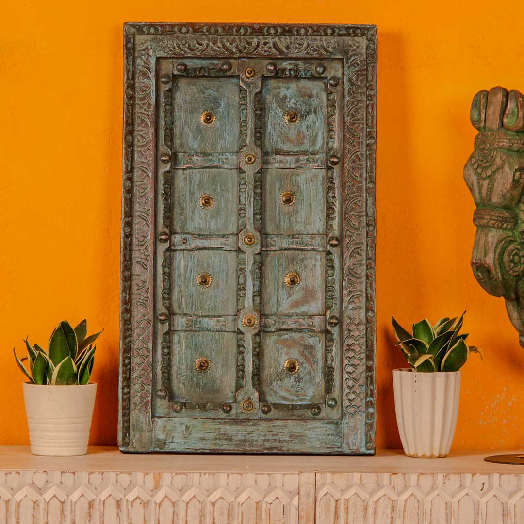 Blue Green Handcrafted Wooden Door Wall Panel with brass Studs