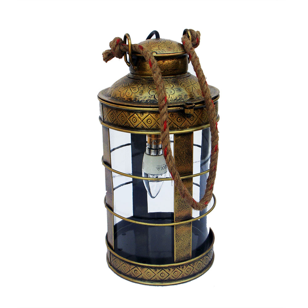 Antique Golden Iron Glass Electric Lamp with Jute Sling