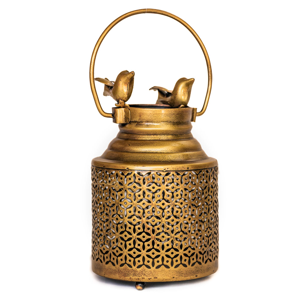 Brass Ketley-Shaped Tea-Light Holder with Birds on Top Brass Ketley-Shaped Tea-Light Holder with Birds on Top