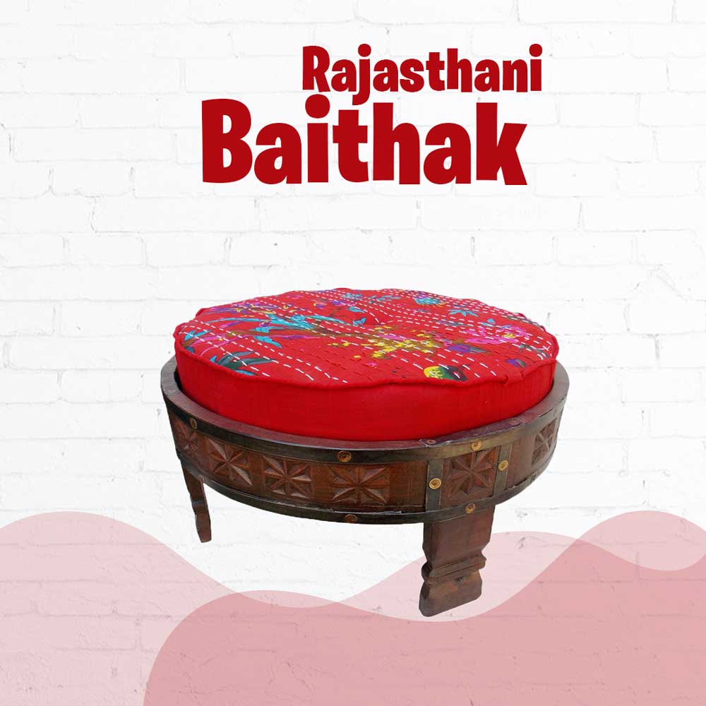 Red Seater Ethnic Rajasthani Upholstered Baithak