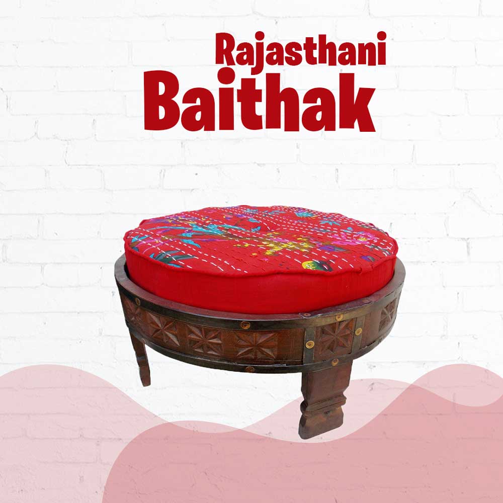 Red Seater Ethnic Rajasthani Upholstered Baithak Red Seater Ethnic Rajasthani Upholstered Baithak
