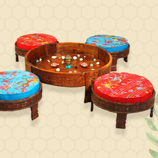 Rajasthani Low Chakki Seater Set (4 Seaters and Centre piece) Rajasthani Low Chakki Seater Set (4 Seaters and Centre piece)