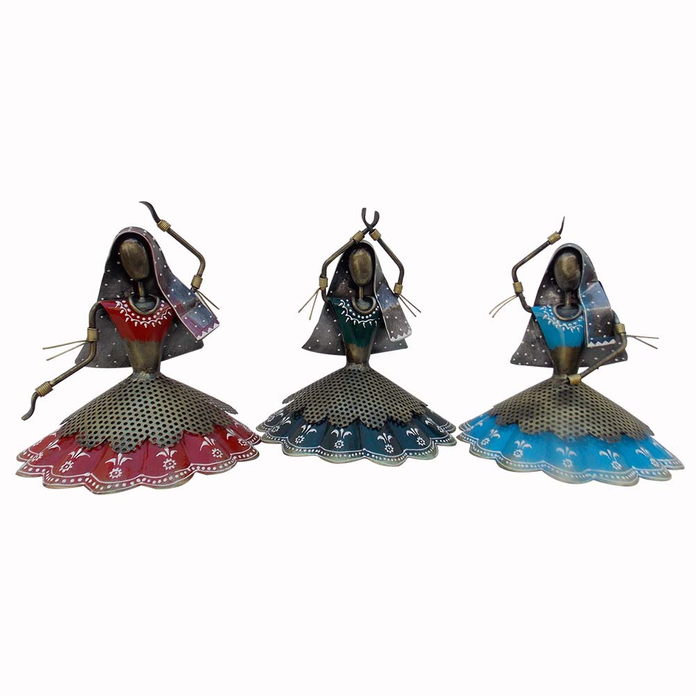 Multicolored Kalbeliya Women Dancers on Swing Figurine - Set Of Three