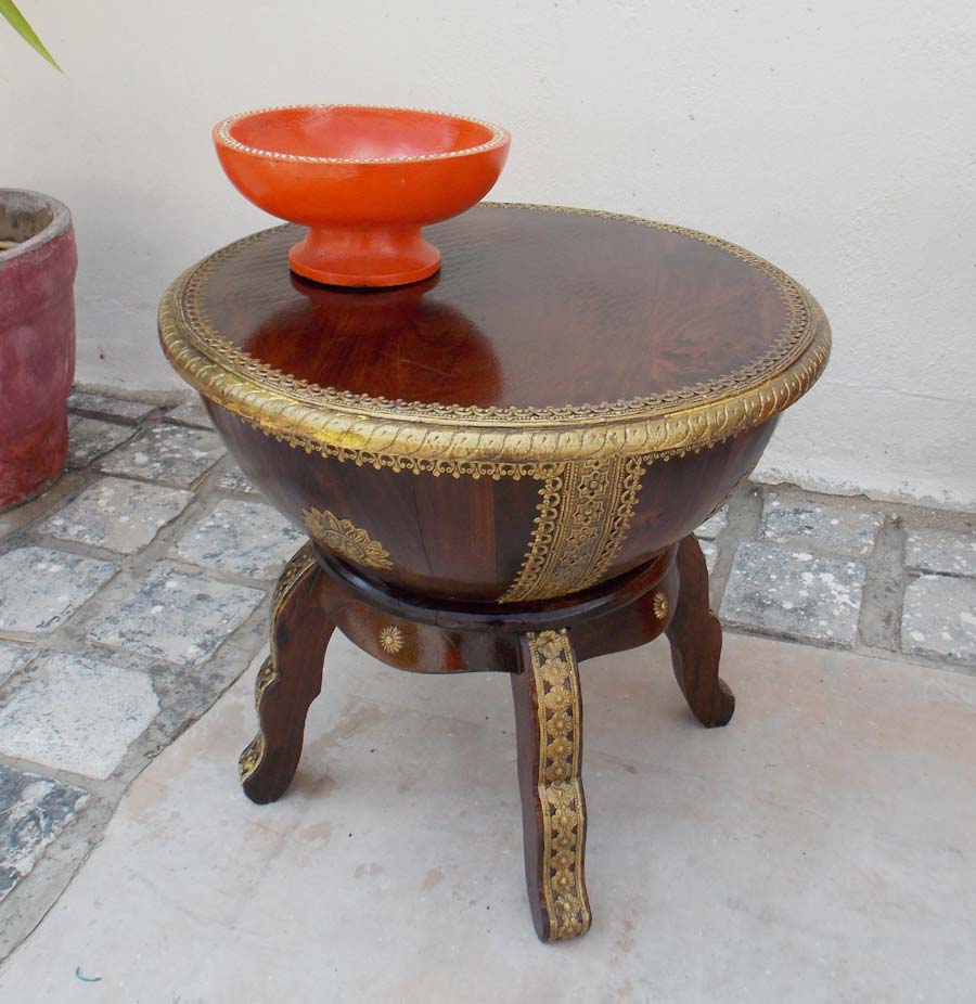 Wooden Nagada (Drum) Table on Tripod Stand- Embossed Brass Art Embellished. Wooden Nagada (Drum) Table on Tripod Stand- Embossed Brass Art Embellished.