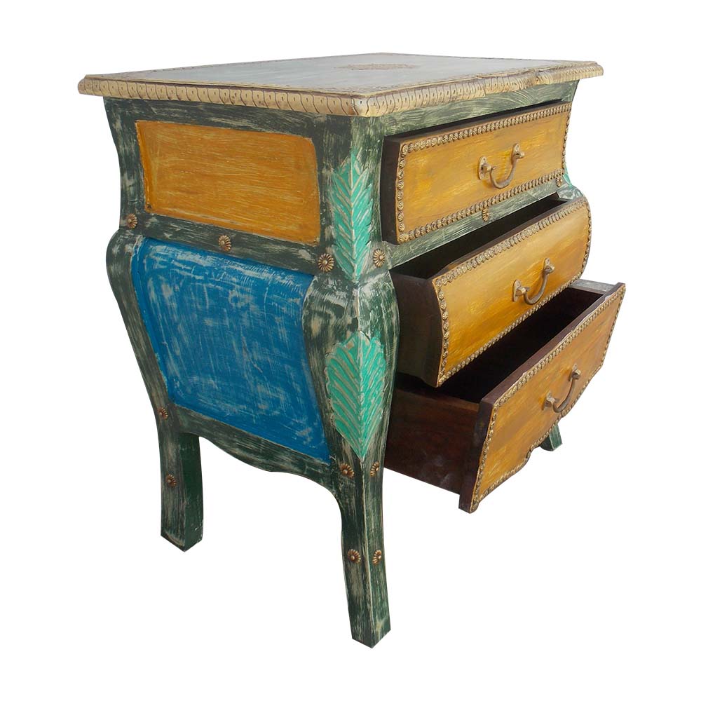 Multicolour Distress Wooden Chest of Three Drawers - Bed Side