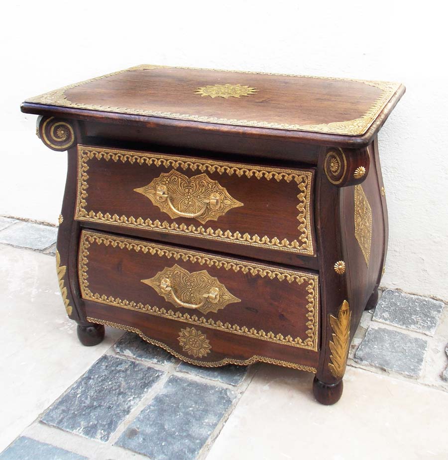 Colonial Style Bedside Cabinet with Indian Brass Artwork 