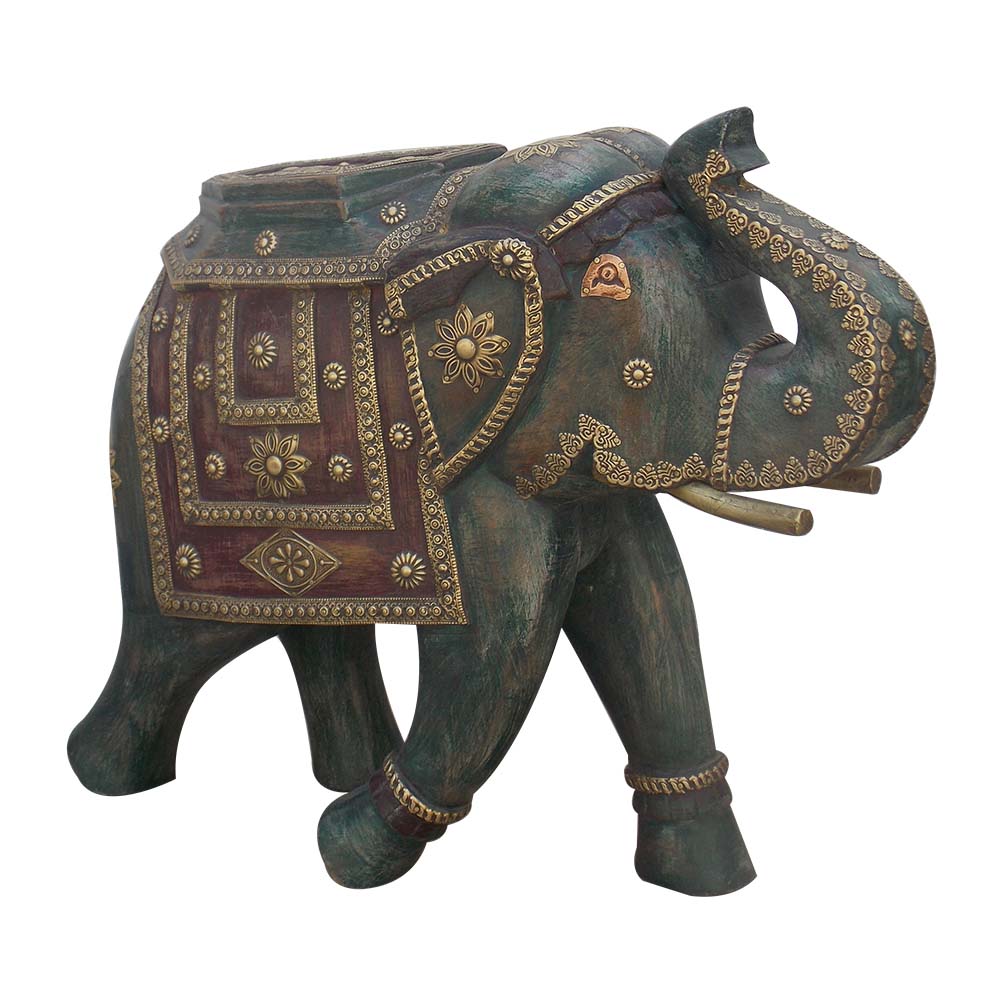 Wooden Rustic Elephant - Distressed Painted, Brass Art
