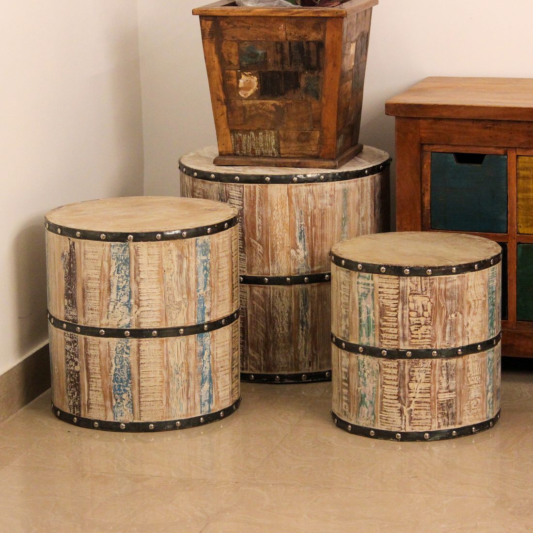 Reclaimed Wood Garden Stools - Set of 3 