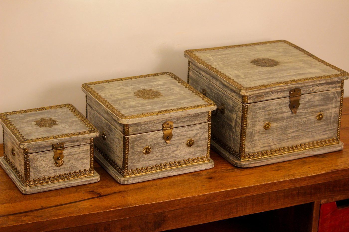 Set of 3 Distressed Grey Wooden Jewellery Box with Brass Embossing Set of 3 Distressed Grey Wooden Jewellery Box with Brass Embossing