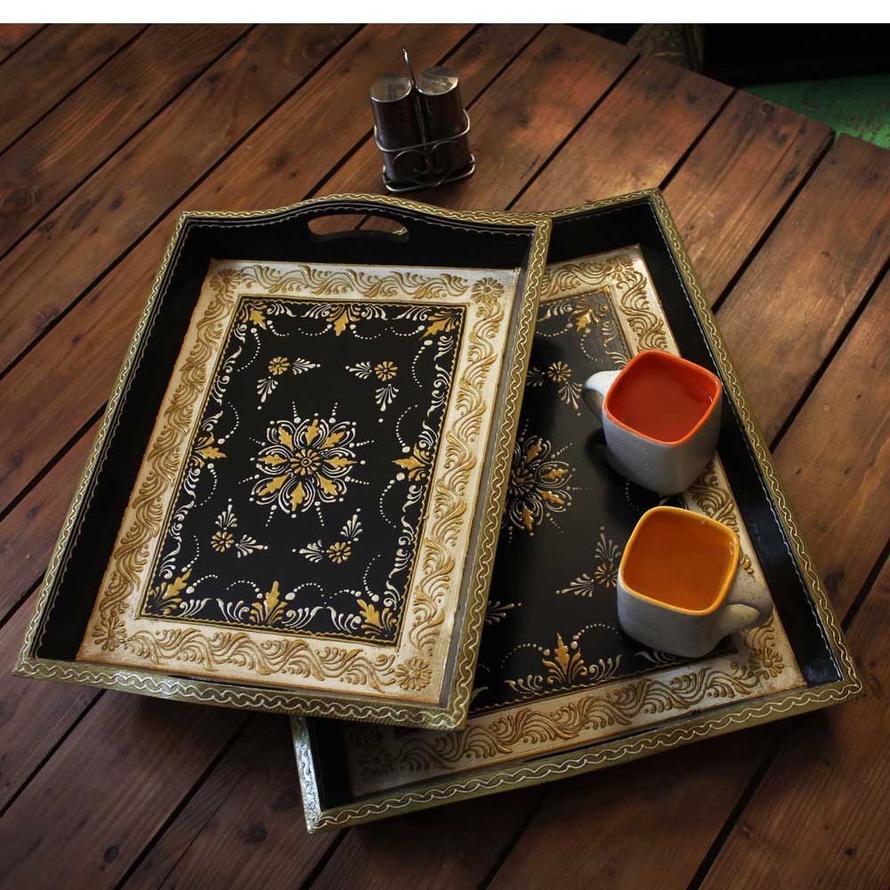 Wooden Tray - Embossed & Hand Painted (Set of Three)