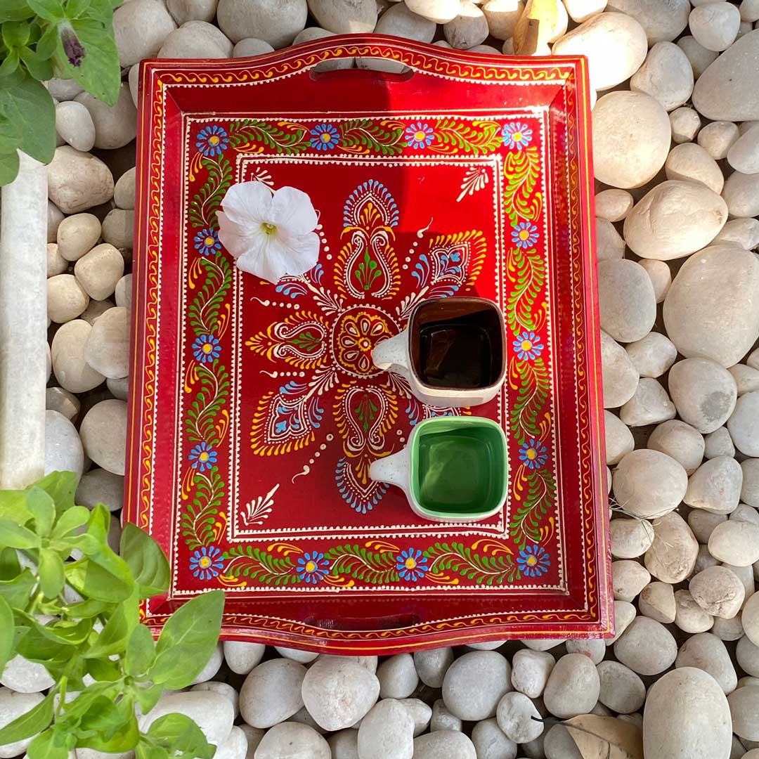 Hand painted Red-colored wooden tray - Large