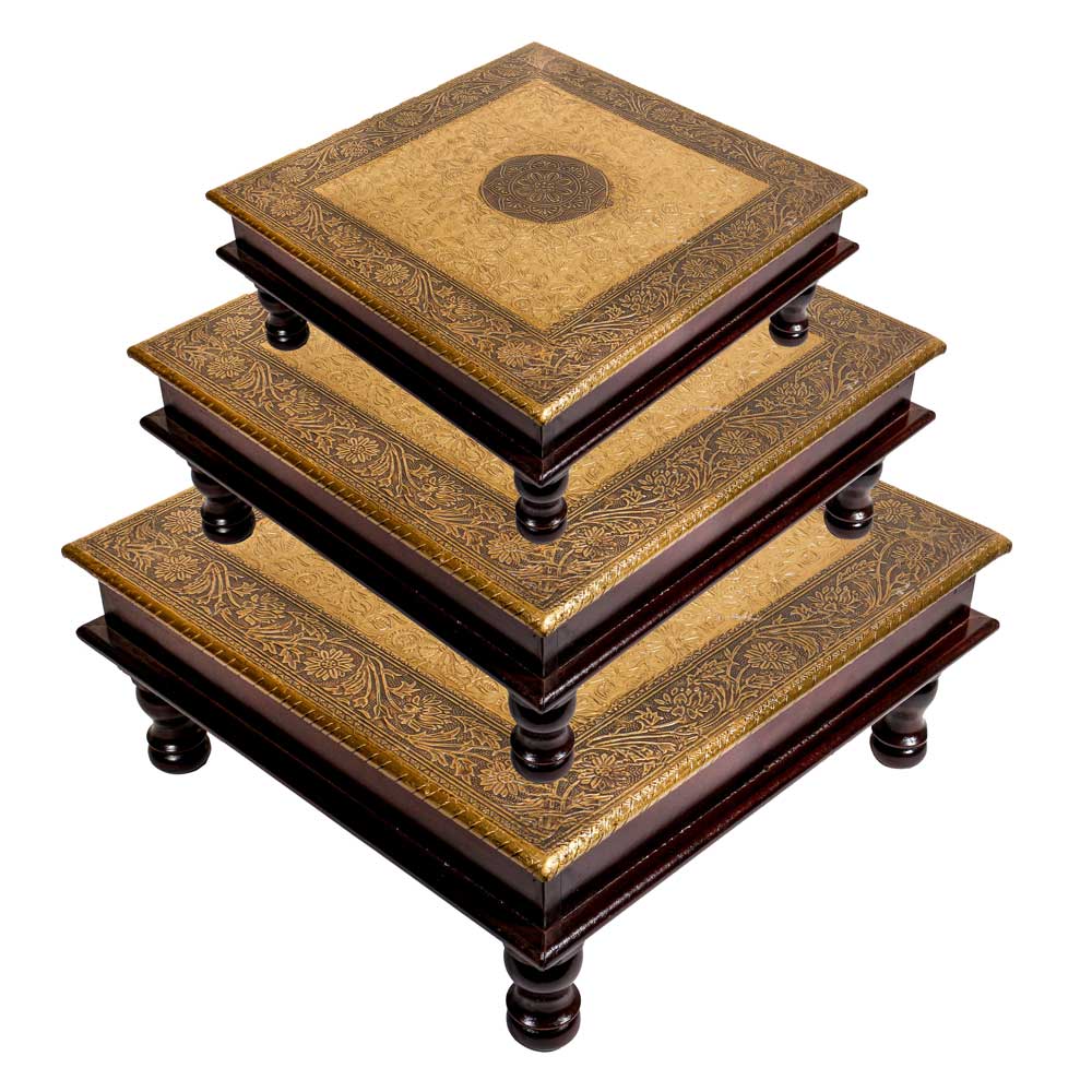 Wooden Square Pooja Chorang Embossed Brass Art (12 x 12, 15 x 15, 18 x 18 ht 6 Inches) Set of 3