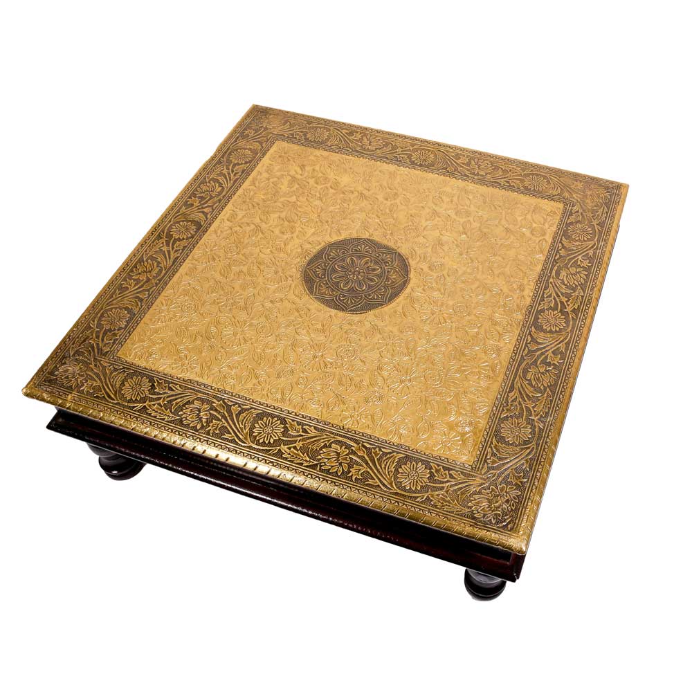 Wooden Square Pooja Chorang Embossed Brass Art 18 x 18 x 6 Inches