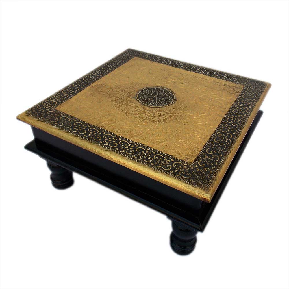 Wooden Square Pooja Chorang Embossed Brass Art 12 x 12 x 6 Inches