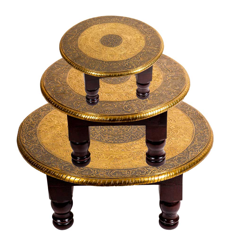 Wooden Round Pooja Chorang Set of Three- Embossed Brass Art 