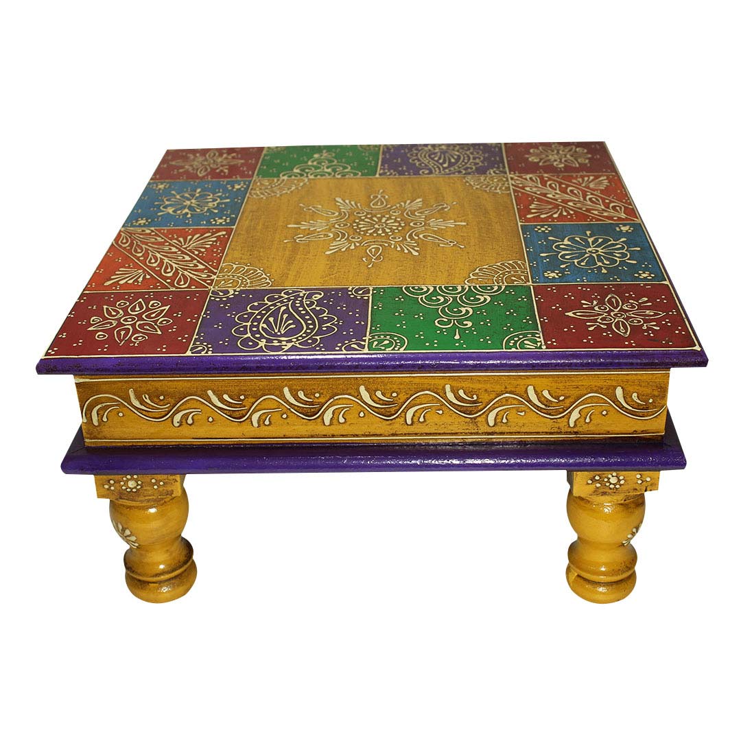 Wooden Square Pooja Chorang Hand Painted 12 x 12 x 6 Inches