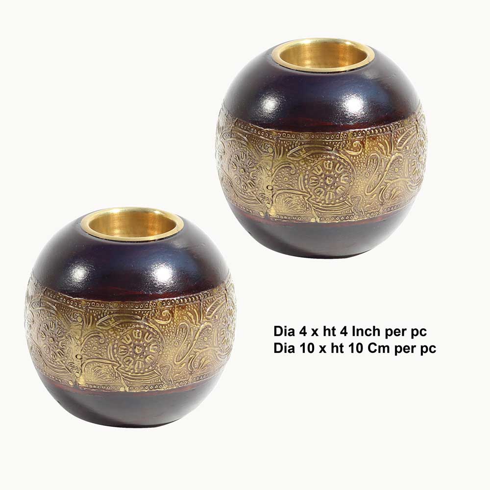 Wooden Tealight with Embossed Brass Artwork - Set of Two