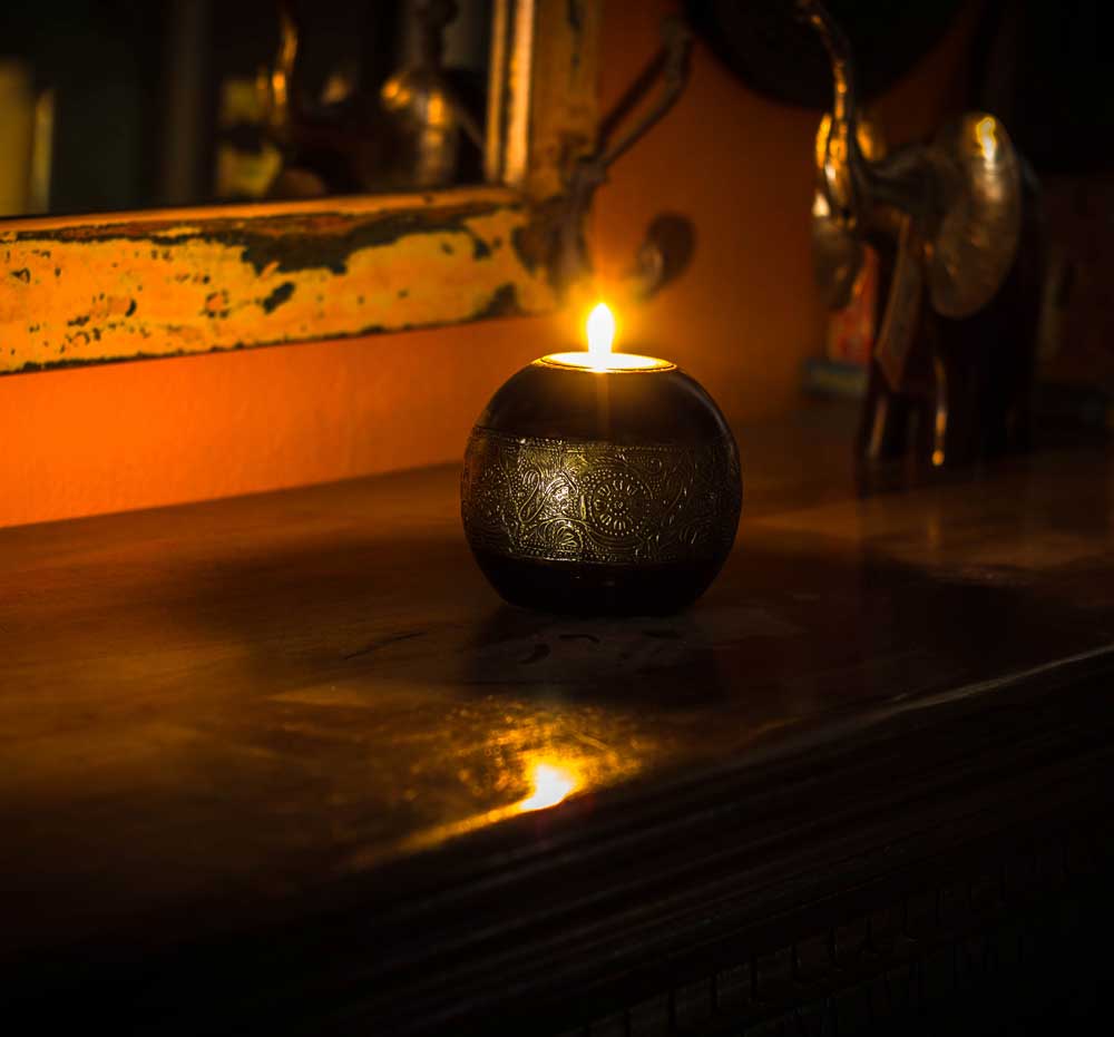 Wooden Tealight with Embossed Brass Artwork