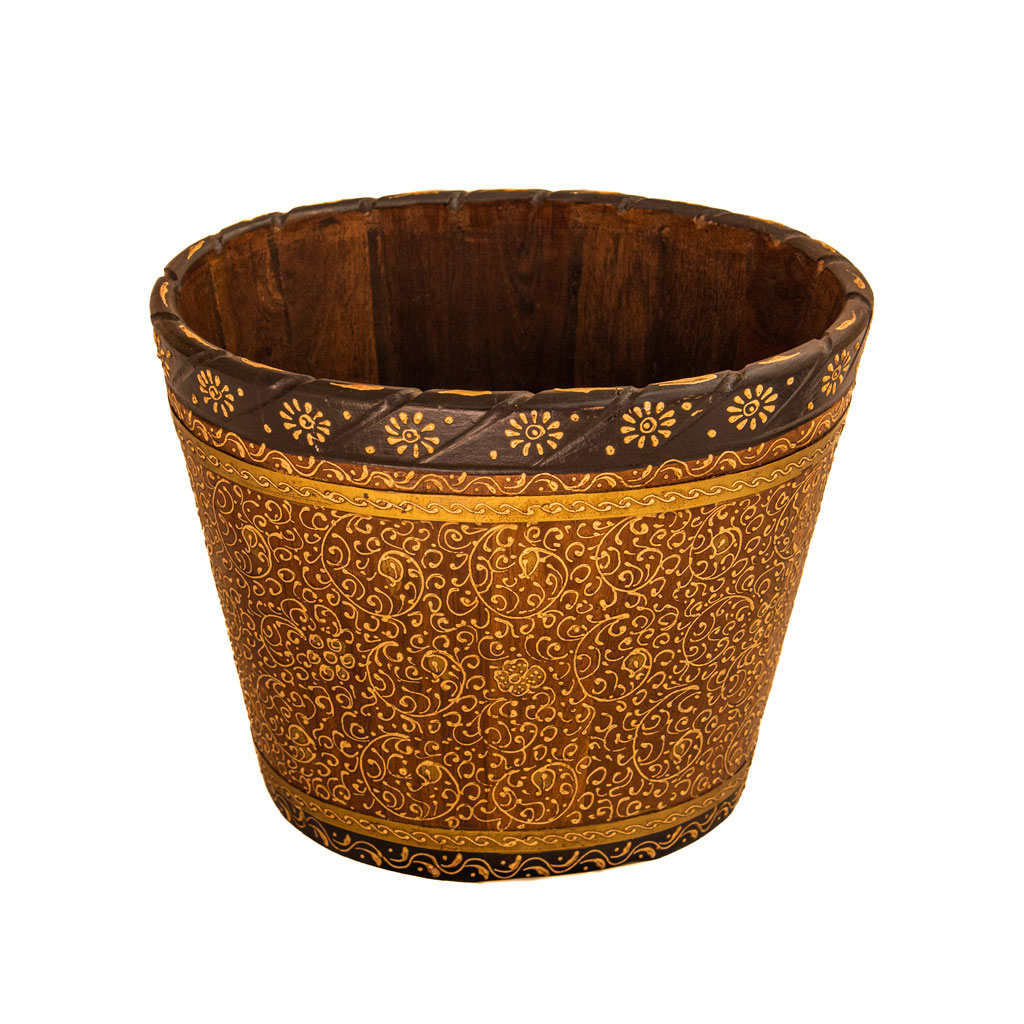 Wooden Bucket/Planter With Brass Art  - ht 8"