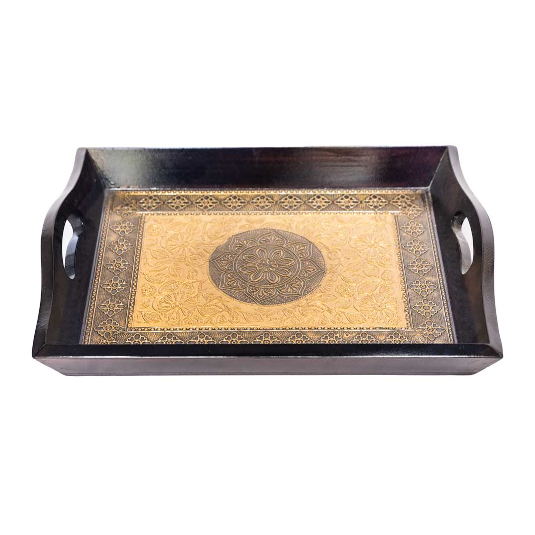 Exquisite Brass work Dark Brown Wooden Serving Tray 11 x 14 inch