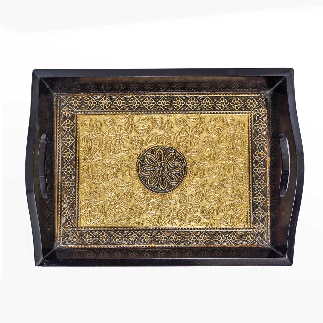 Exquisite Brass work Dark Brown Wooden Serving Tray 11 x 14 inch