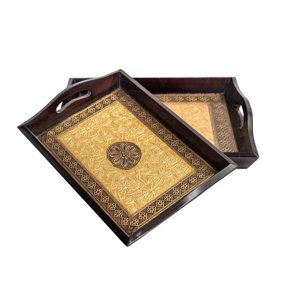 Wooden brass artwork Tray ( Set of two ) Wooden brass artwork Tray ( Set of two )