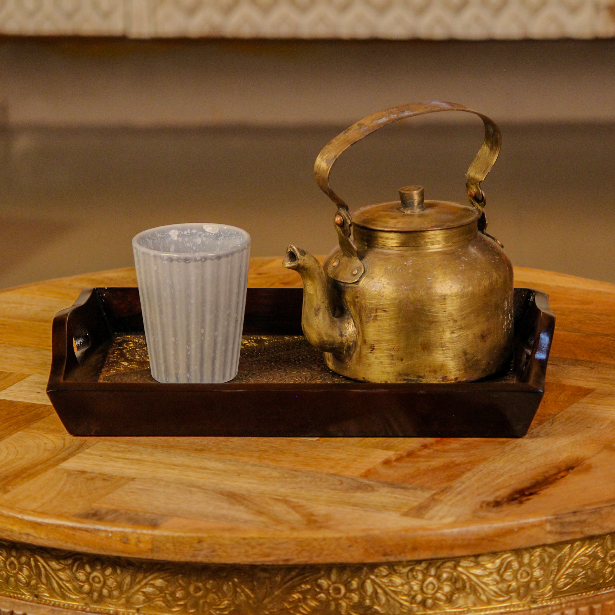 Exquisite Brass work Dark Brown Wooden Serving Tray 11 x 14 inch