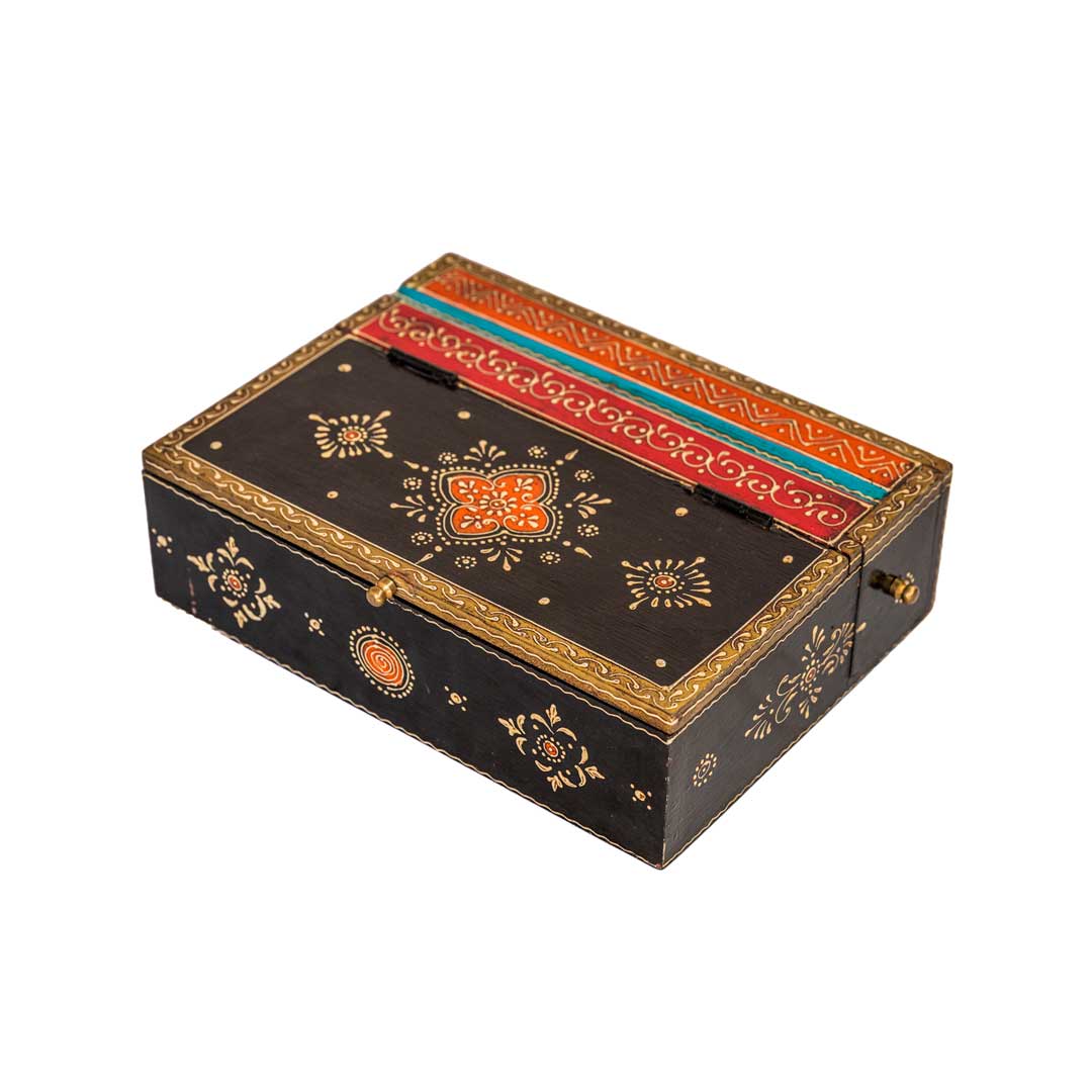 Hand painted Cone art Wooden box ( Black )