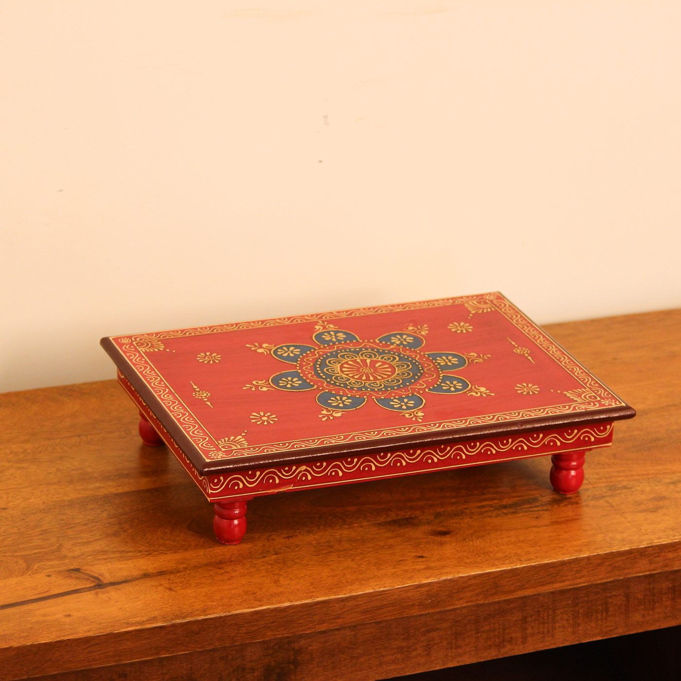 Hand Painted Mandala Chowki – Red, Large Hand Painted Mandala Chowki – Red, Large