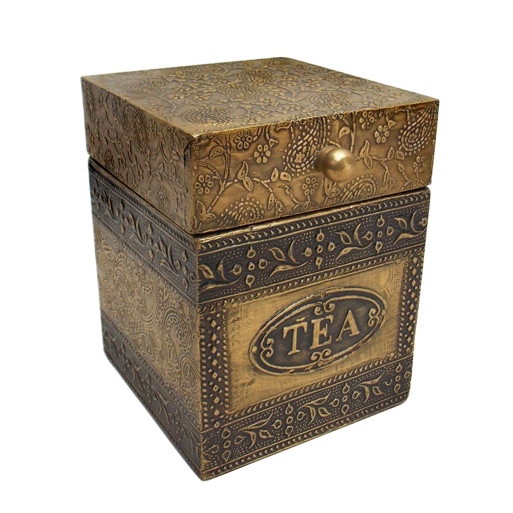 Embossed Brass Art Wooden Tea Container Box - Full Brass