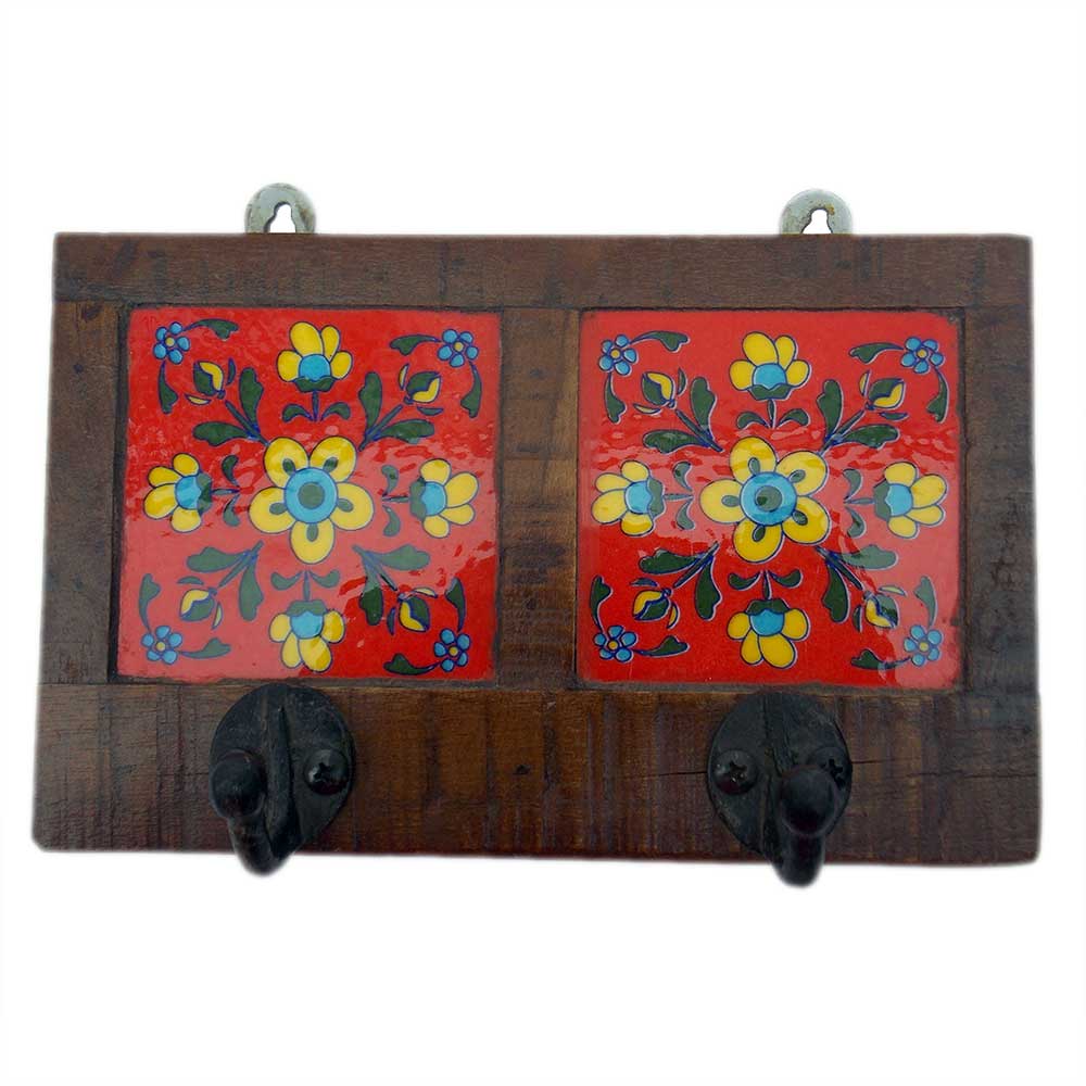 Wooden Two Hook With Ceramic Tile (Mix-Assorted Colours)