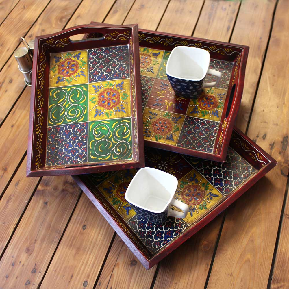 Hand Painted Wooden Serving Tray (Set of Three) Hand Painted Wooden Serving Tray (Set of Three)