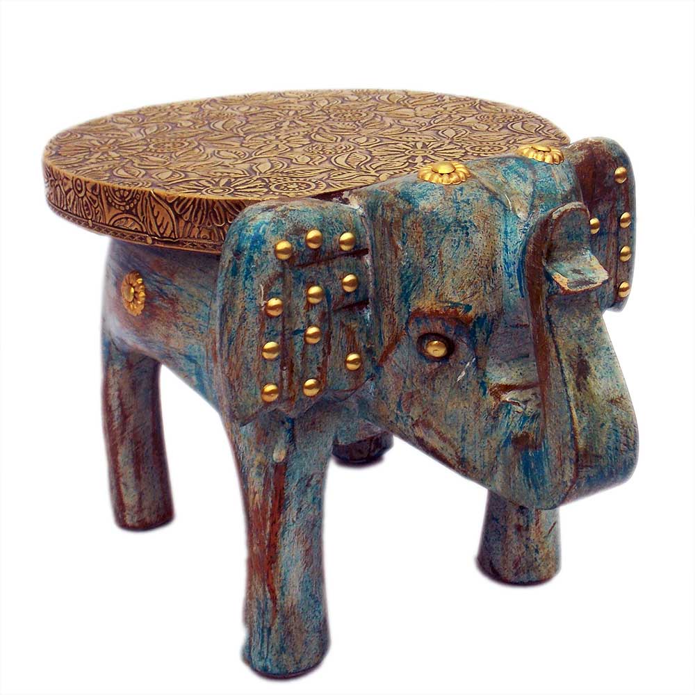 Wooden Elephant Brass Art - Distressed Blue