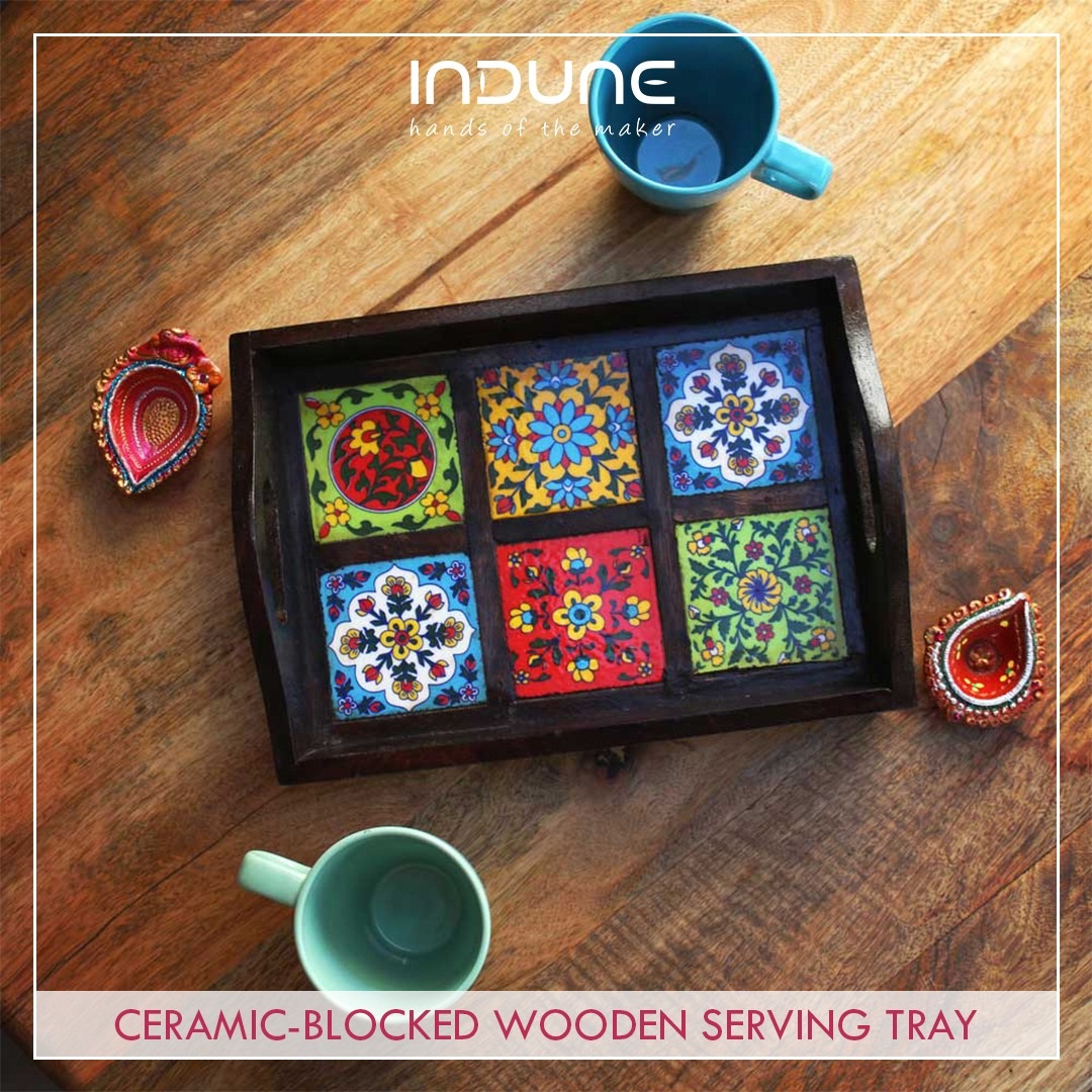 Ceramic-Blocked Wooden Serving Tray (with 6 Ceramic Tiles), Polished (8 x 12 Inches)