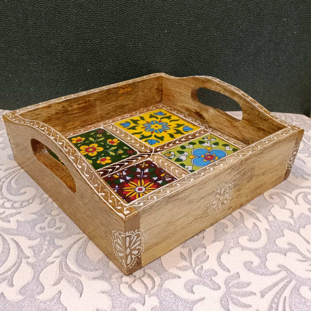 Ceramic-Blocked Wooden Serving Tray ( With Four Ceramic Tiles ) (8 x 8 Inches), Natural Polish, Coneart.