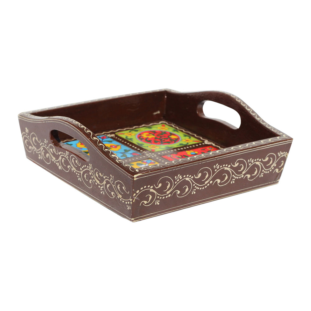Ceramic-Blocked Wooden Serving Tray ( With Four Ceramic Tiles ) (8 x 8 Inches)