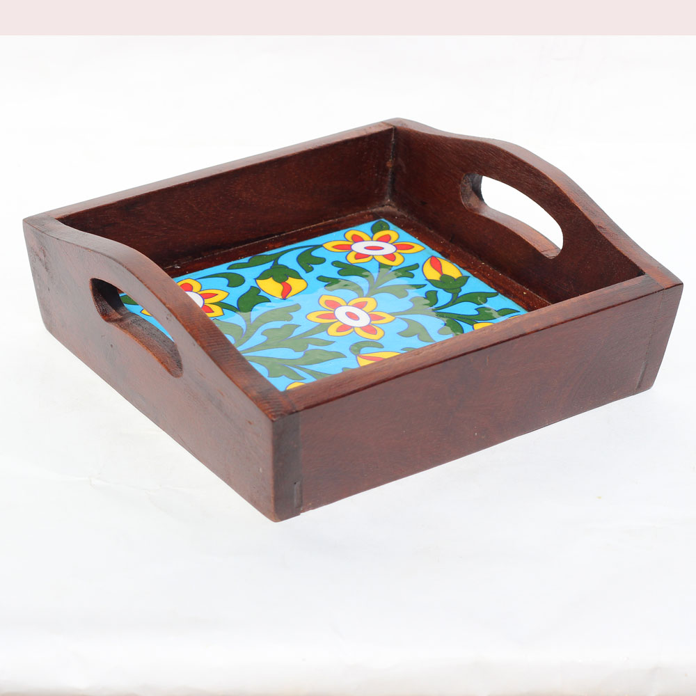 Ceramic Tile Wooden Serving Tray (Singlt Tile) (8 x 8 Inches)