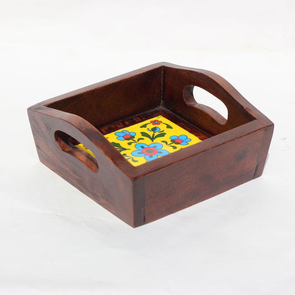 Ceramic Tile Wooden Serving Tray (6 x 6 Inches)