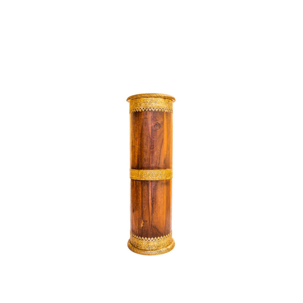 Wooden Umbrella Stand/ Cylindrical Planter with Brass Art Height 18 Inches