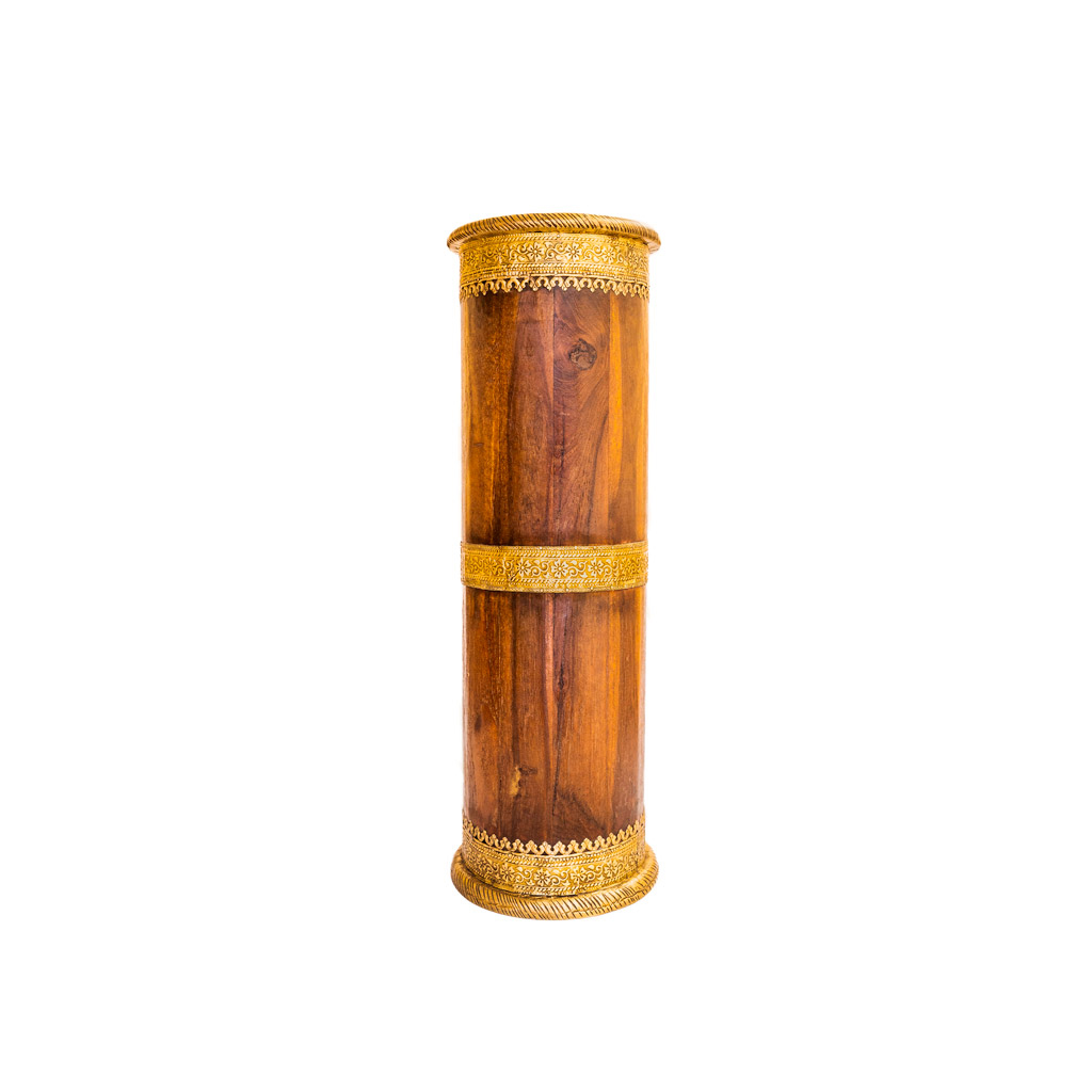 Wooden Umbrella Stand/ Cylindrical Planter with Brass Art Height 21 Inches