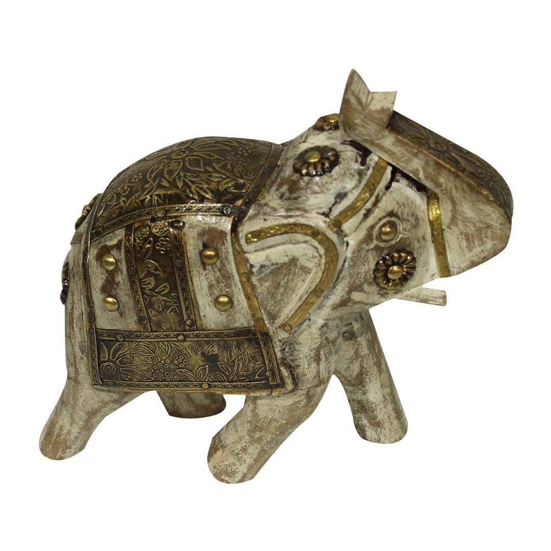 Distressed Finished White Elephant With Antique Brass Art Distressed Finished White Elephant With Antique Brass Art