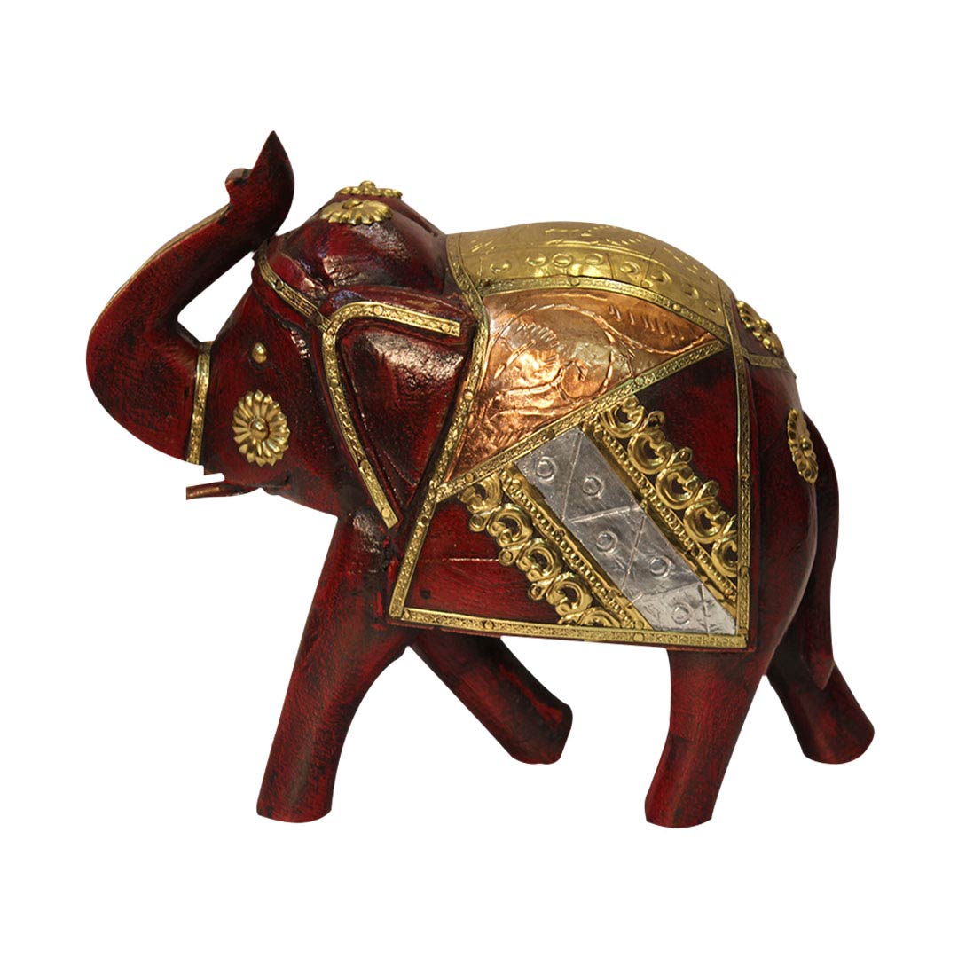 Distressed Burgundy Wooden Elephant with Brass and Copper Artwork