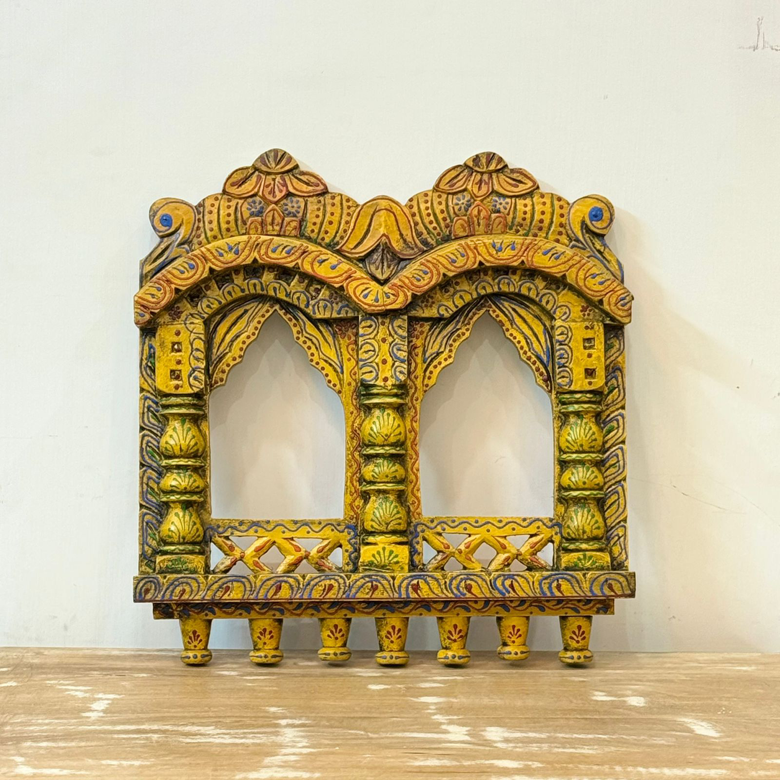 Hand painted Wooden Double Jharokha in Yellow Hand painted Wooden Double Jharokha in Yellow