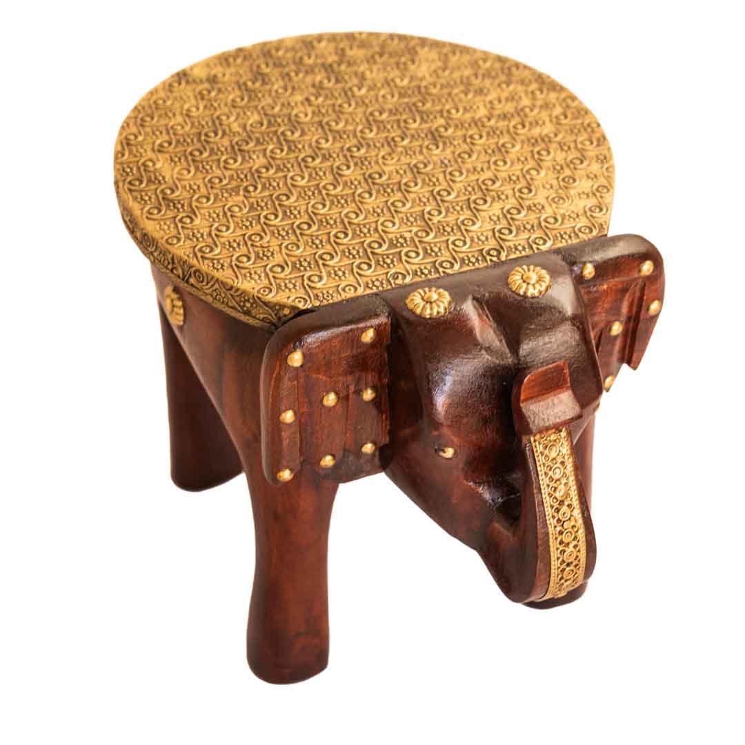 Brown Polished Wooden Elephant Embossed Brass Art Stool 8 inch