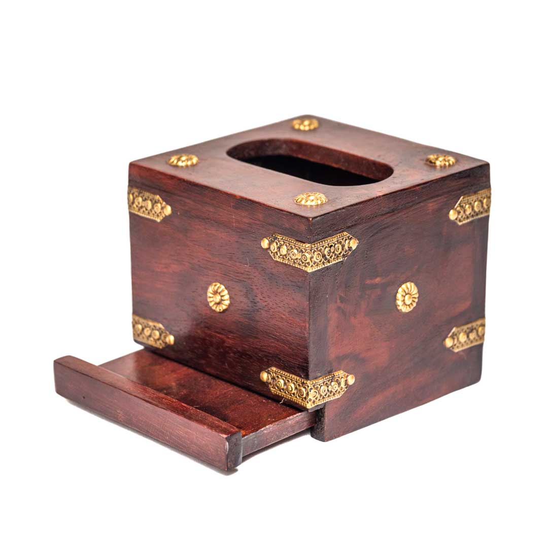 Elegant Handcrafted Wooden Tissue Box with Intricate Brass Embellishments