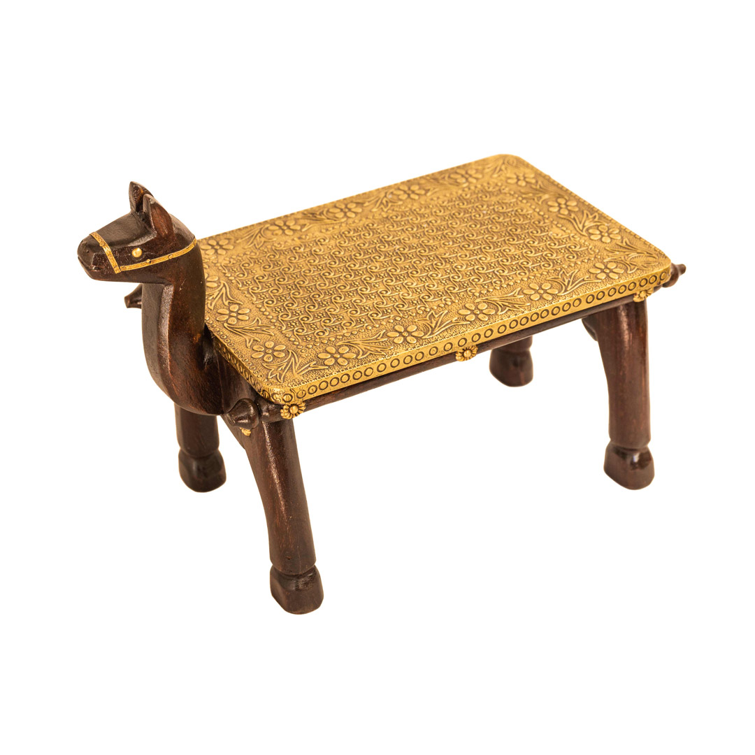 Wooden Camel Stool with Embossed Brassart